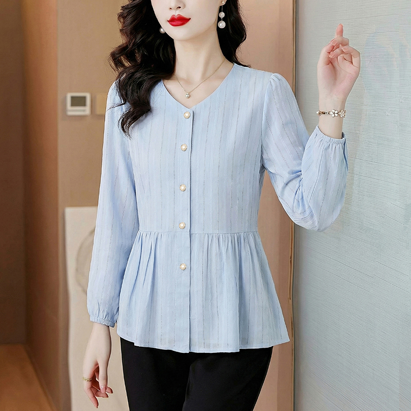MY17767# 新款女装V领长袖宽松显瘦百搭衬衣时尚气质小衫女裝貨源服裝批發