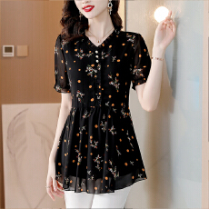 批发实拍今年夏季新款V领印花遮肚显瘦中长款时尚<b class='q'>女</b>装小衫上衣