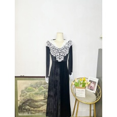 批发从一时刻【撒旦之花】蕾丝花边V领长袖丝绒连衣裙收腰A摆长短裙