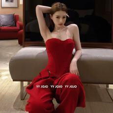 批发圣诞节穿搭新年本命年套装女秋红色抹胸内搭上衣<b class='q'>休闲</b>阔腿裤一整套