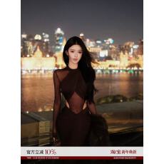 批发JAYKY YANG【年末重磅】网纱拼接镂空<b class='q'>长裙</b>堆叠垂褶V型修身连衣裙