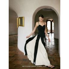 批发真丝天丝长裙<b class='q'>黑白</b>超长礼服法式<b class='q'>连衣裙</b>