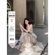 批发For Fay 晨露蔷薇<b class='q'>园</b>/法式度假风印花挂脖雪纺蛋糕长裙女V领连衣裙