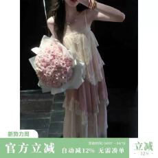 批发Sun雅乔【恋恋不忘】蕾丝拼接渐变A字大摆吊带连衣裙