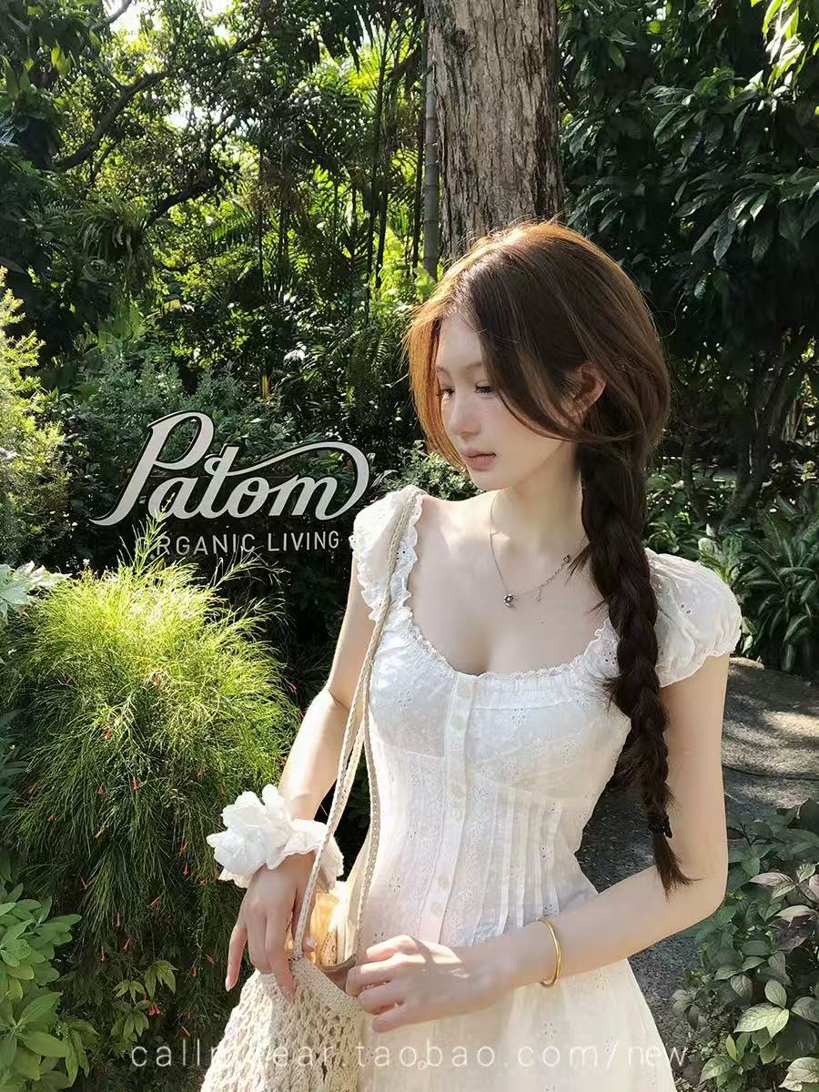callmeear 화이트 티 첫사랑 레이스 조각 허리 수축 드레스 자카드 프릴 맨위 여름