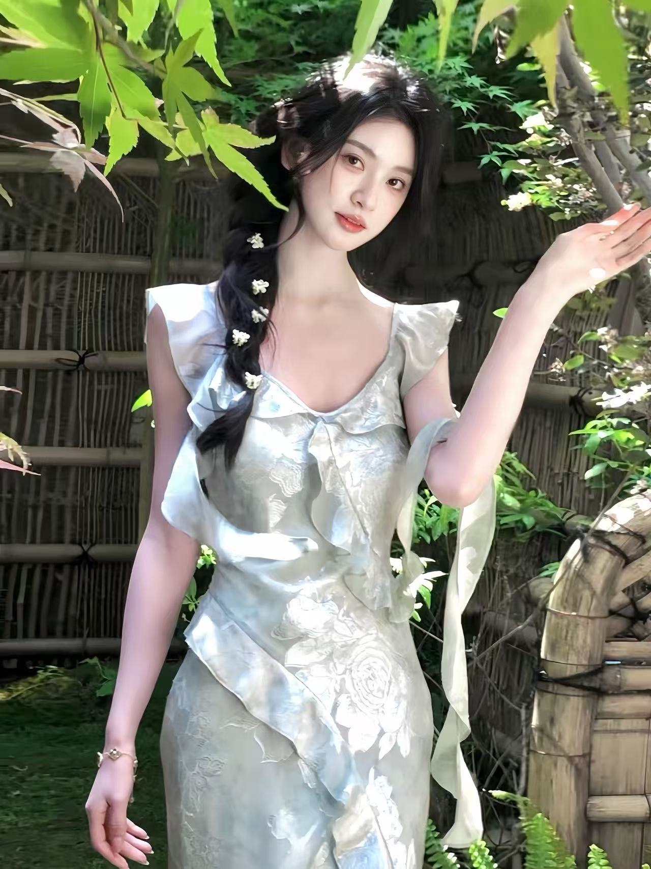 하나부터 순간 여름 깊은 분위기 센스 헤일로 염색 자카드 여성 드레스 프릴 허리 수축 슬림해 보이는 인어 꼬리 롱 스커트