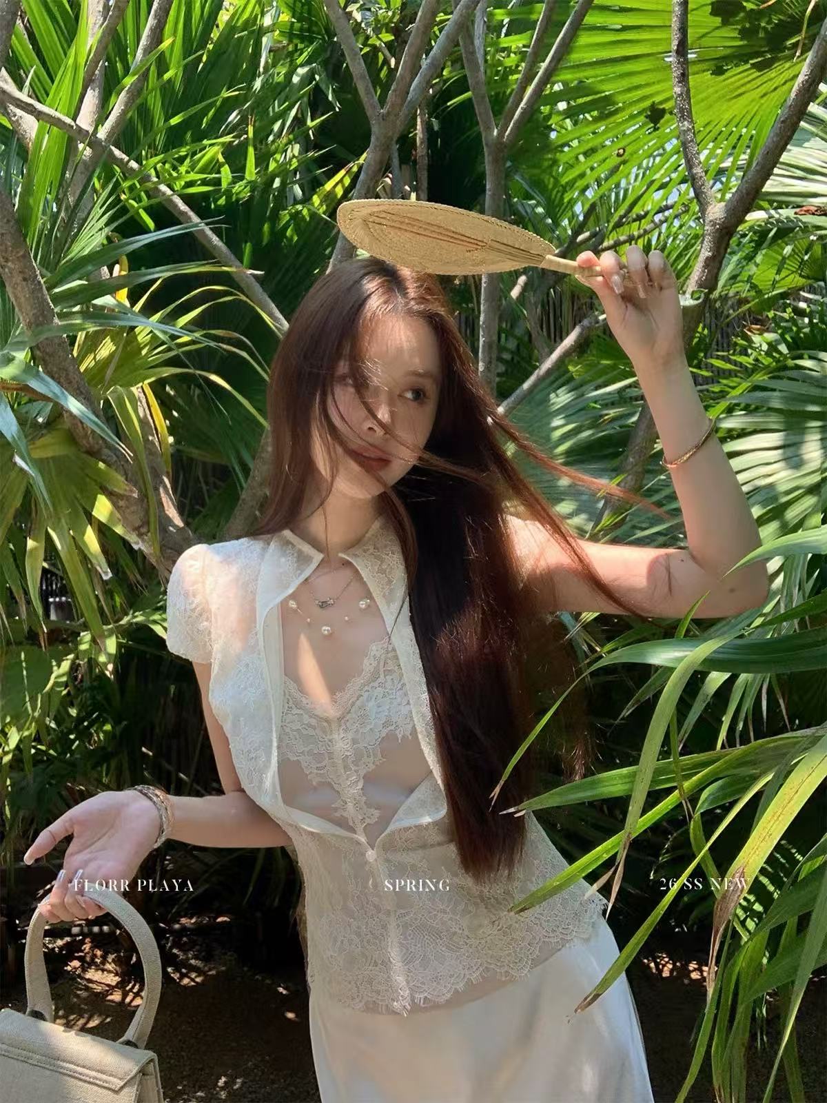 꽃 위안 흐릿한 달빛 프랑스식 화이트 품격 셔츠 새틴 슬립 짧은 반 스커트 여성 봄 여름 레이스 세트