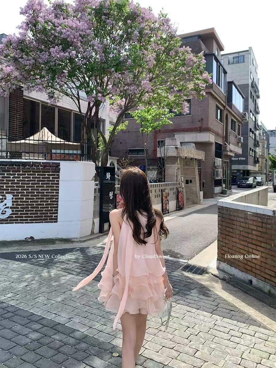 cloudsweet 흰 구름 달콤한 릴리 오브 더 밸리 여름 머리말 분위기 센스 핑크색 행침 목 드레스 민소매 쇼트 스타일 케이크 드레스