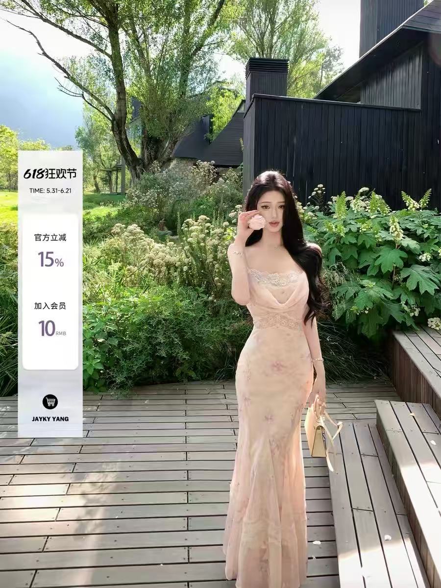 jayky yang 꽃 신 푸 로라 프랑스식 흔들다 칼라 레이스 조각 드레스 프린트 롱 코트 슬립 드레스