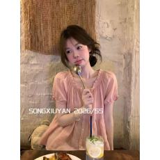 批发宋秀妍 SENIORS韩系少女西柚粉花边泡泡袖<b class='q'>娃娃衫</b>减龄甜美短袖衬衫