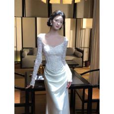 批发【9.2 10:00am上新】【轻纱】鱼骨重工骨线<b class='q'>蕾丝</b>轻<b class='q'>婚纱</b>缎面裙