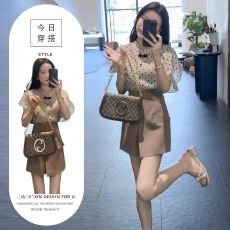 批发2025夏日穿搭套装设计感荷叶边小飞袖波点<b class='q'>雪纺</b>衬衫半身裙两件套