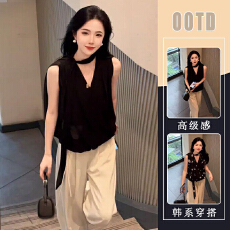 批发<b class='q'>韩版</b>时尚气质百搭两件套高级感显瘦无袖背心女宽松休闲阔腿裤套装