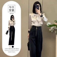 批发高级感轻奢蝴蝶结拼色<b class='q'>衬衫</b>女2025秋季新款高腰设计感休闲裤两件套
