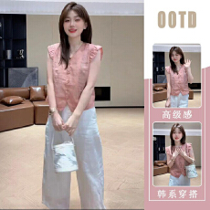 批发活泼减龄两件套<b class='q'>装</b><b class='q'>韩版</b>时尚气质百搭显瘦无袖衬衫高腰阔腿<b class='q'>裤</b><b class='q'>两件套</b>