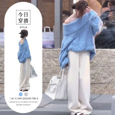 批发慵懒风气质一<b class='q'>字</b>肩麻花蓝色针织毛衣时髦休闲<b class='q'>裤</b>两件套装秋冬新款
