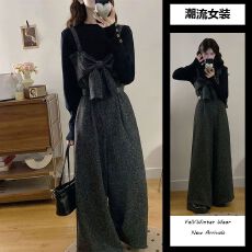 批发<b class='q'>大码</b>女装2025秋冬搭配一整套高级感蝴蝶结毛呢背带裤<b class='q'>打底衫</b>两件套