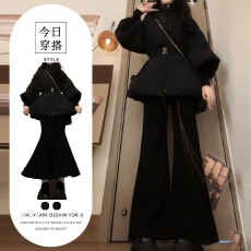 批发<b class='q'>套装</b>裙一整套走亲戚年轻漂亮灯笼袖棉服外套黑色中长半身裙两件套