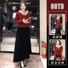 批发红色套头麻花针织加厚保暖上衣女2025秋冬百搭黑色半身裙两件套潮