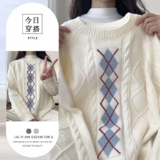 批发韩系高级感菱格软糯圆领<b class='q'>毛衣</b>女2025年秋冬季新款气质显瘦减龄上衣