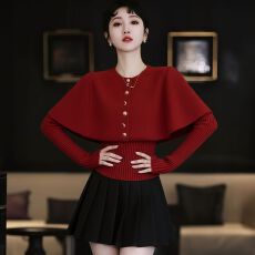 批发长袖纯色秋季针织宽松型毛针织衫百搭网红<b class='q'>韩版</b>气质小香风斗篷上衣