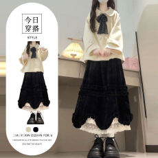 韩系松弛感穿搭套装女秋冬季气质毛呢外套荷叶边花瓣半身裙两件套