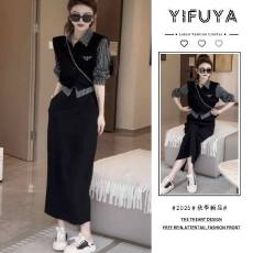 批发复古设计感假两件<b class='q'>条纹</b>拼接上衣2025秋季新款高腰显瘦开叉<b class='q'>半身裙</b>潮