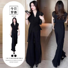 批发时尚气质御姐穿搭<b class='q'>套装</b><b class='q'>女</b>夏新款V领短袖雪纺上衣<b class='q'>高腰</b>阔腿裤<b class='q'>两件</b>套