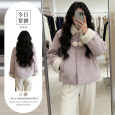 批发高级感时尚皮毛一体手工毛球翻领短外套超温柔韩系宽松休闲上衣女