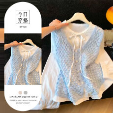 批发蓝色小香风减龄喇叭袖衬<b class='q'>衫</b>套装女春秋休闲<b class='q'>镂空</b>坎肩设计感气质马甲