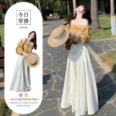 批发2026春季新款韩系温柔风一<b class='q'>字</b>肩花边上衣搭配高腰阔腿<b class='q'>裤</b><b class='q'>气质</b>两件套