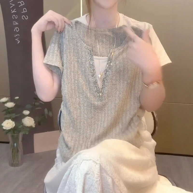 고급 센스 긍정적 인 어깨 페이크 레이어드 반팔 티셔츠 2026 여름 새로운 빅 사이즈 지방 mm 루즈핏 슬림해 보이는 다용도 맨위