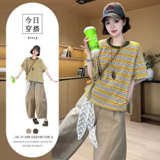 批发韩版气质减龄两件套女2026夏季新款<b class='q'>欧美</b>宽松条纹上衣时尚休闲裤潮