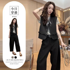 批发甜美小众三件套穿搭夏季新款俏皮简约短袖T恤高级感马甲高腰裤子