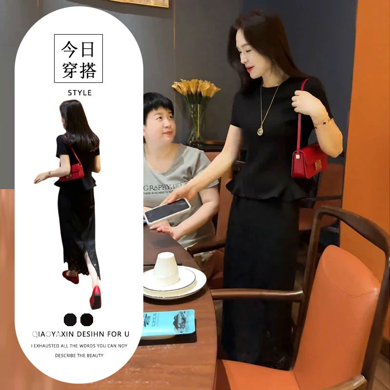 고급 센스 인어 꼬리 반팔 맨위 검정색 이후 운전 반신 스커트 여성 로얄 자매 빛 요리 한 바람 착용 가져 가라. 투피스 슈트 트렌디