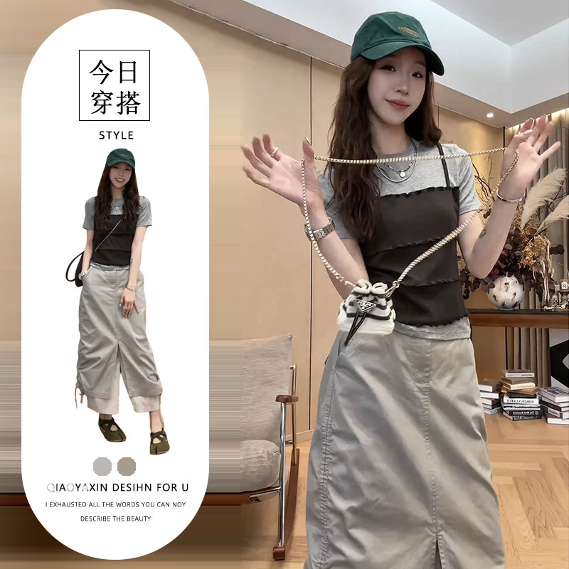 2026 여름 디자인 센스 Chic 펌프 로프 슬림해 보이는 반신 스커트 페이크 레이어드 맨위 차가운 소녀 고유 한 투피스 세트 트렌디