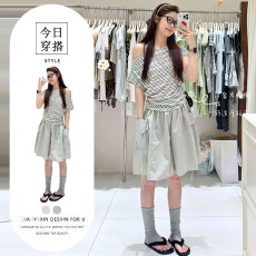 批发女夏季ims内搭休闲<b class='q'>短</b>袖收腰美式条纹斜肩上衣时尚百搭裙裤两件套