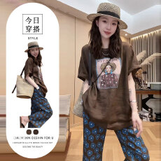 批发松弛感穿搭两件套装女2026夏季新款韩版宽松短袖上衣<b class='q'>印花</b>休闲裤潮