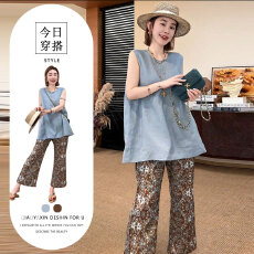 批发2026夏季新款老钱风两件套女<b class='q'>欧美</b>宽松显气质无袖上衣印花微喇裤潮