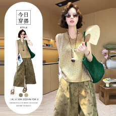 批发2026<b class='q'>夏季</b>新款时尚百搭洋气圆领无袖针织背心高腰印花减龄休闲<b class='q'>裤</b>女