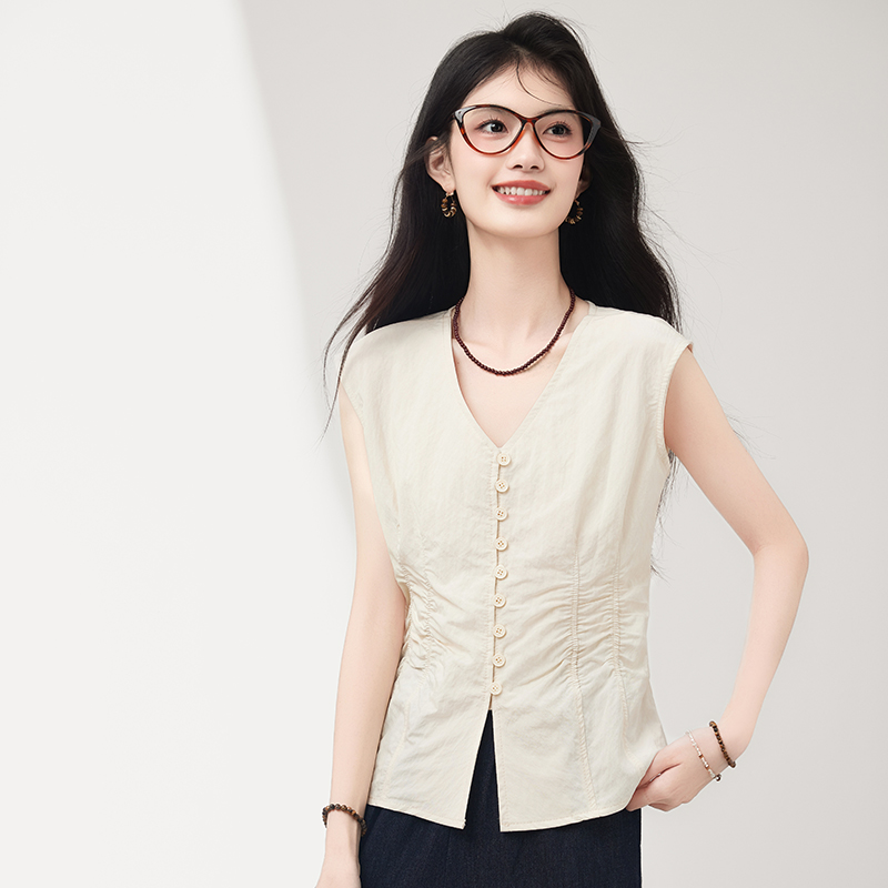 2026 새로운 한국 ins 여름 디자인 센스 작은 대중 V넥 조끼 핀치 Pleat 허리 수축 디스플레이 痩 민소매 맨위