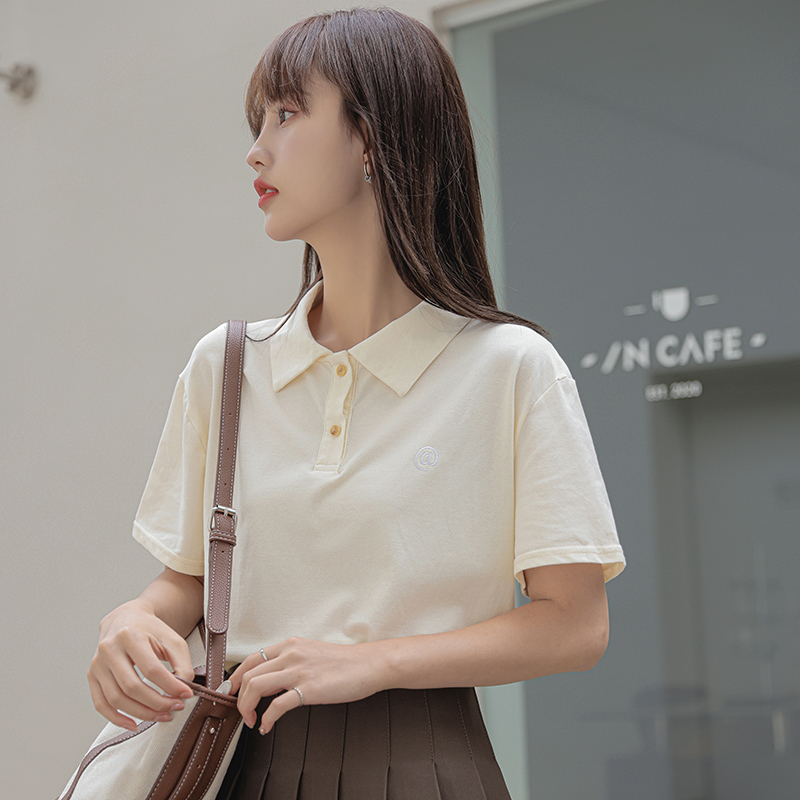 실사 여름 새로운 POLO 칼라 자수 청춘 다용도 반팔 티셔츠 단색 루즈핏 폴로 칼라 맨위 학생 여성
