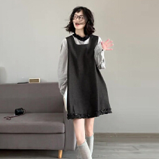 批发韩系可爱少女感套装设计感拼接领口长袖上衣外搭背心<b class='q'>连衣裙</b>两件套