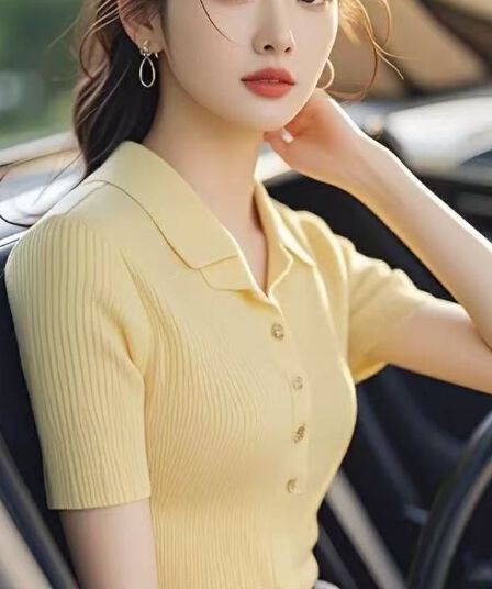 황색 POLO 칼라 니트 스웨터 여성 2026 봄 가을 여름 고급 센스 품격 몸매 가꾸기 다용도 Chic 반팔 맨위