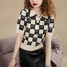 批发妖精的口袋黑色草莓polo领短袖针织衫女2026夏新款<b class='q'>棋盘</b><b class='q'>格</b>长袖薄款