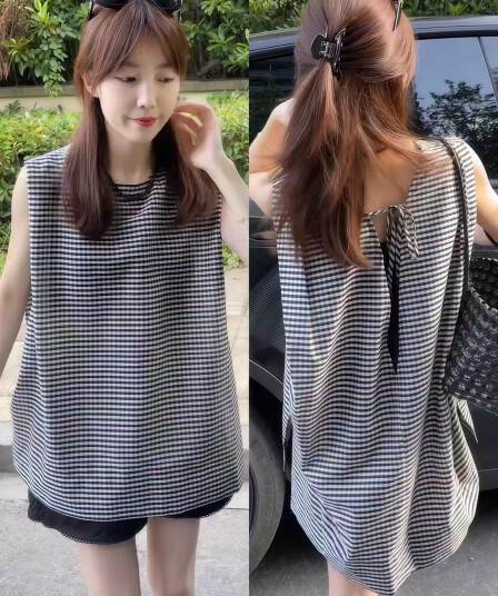 이후 홀로우 아웃 레이스업 민소매 체크무늬 여성 셔츠 2026 여름 새로운 루즈핏 슬림해 보이는 조끼 어깨 다용도 맨위