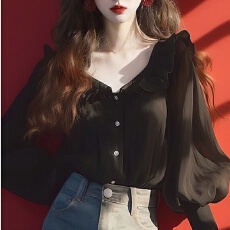 批发黑色荷叶边<b class='q'>雪纺</b><b class='q'>衬衫</b>2026新款独特超好看<b class='q'>长袖</b>上衣设计感小众女