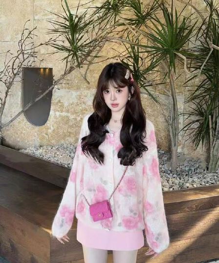 봄 가을 인기 한 부서 착용 가져 가라. 핑크색 꽃 스웨터 오픈 가디건 여성 가을 겨울 루즈핏 느긋한 바람 니트 재킷 맨위