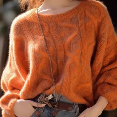 批发今年流行爆款橘色马海毛麻花<b class='q'>毛衣</b>女秋冬慵懒风套头加厚<b class='q'>羊绒</b>衫上衣