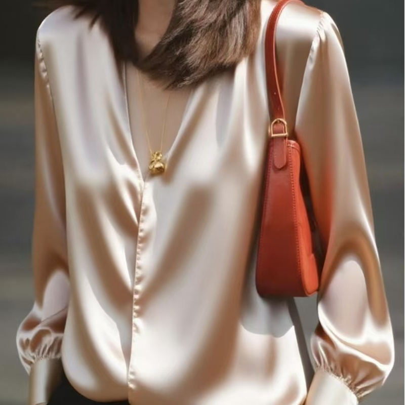 봄 가을 고유 한 Chic 슈퍼 잘 생긴 맨위 빛 럭셔리 고급 센스 작은 대중 아니요 명중 섹션 외국 가스 연령 감소 살구 색상 여성 셔츠